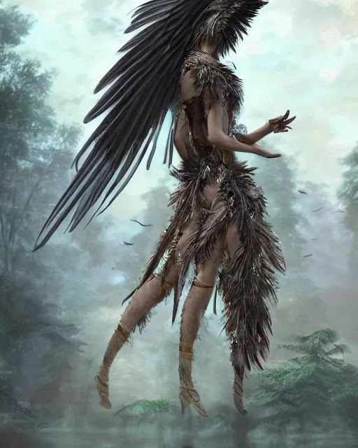 Image similar to a female anthropomorphic eagle warrior. She has two wings on her back. She is covered in feathers, wearing full body tribal feather clothing. Forest, clearing. Full shot, wings are focus. Atmospheric lighting, By Makoto Shinkai, Stanley Artgerm Lau, WLOP, Rossdraws, James Jean, Andrei Riabovitchev, Marc Simonetti, krenz cushart, Sakimichan, D&D trending on ArtStation, digital art.