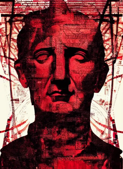 Image similar to design poster showing a statue of julius caesar, black background with very subtle red and purple design elements, powerful, nekro, guido crepax, graphic design, collage art, thin lines, dark, glitch art, neo vaporwave, gritty, layout frame, square, trending on artstation