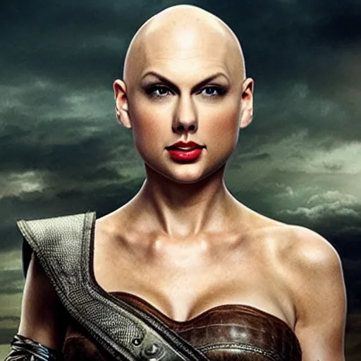 Image similar to promo photo of bald taylor swift staring as furioso in mad max remake