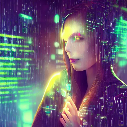 Prompt: hyperdetailed beautiful girl in the rain interacting with a holographic interface on a wall in a future cyber punk style city trending on cgsociety