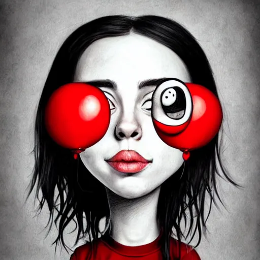 Prompt: surrealism grunge cartoon portrait sketch of billie eilish with a wide smile and a red balloon by - michael karcz, loony toons style, family guy style style, horror theme, detailed, elegant, intricate