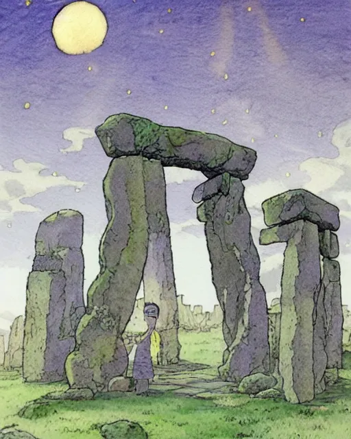 Image similar to a hyperrealist studio ghibli watercolor fantasy concept art. in the foreground is a giant grey octopus building and putting stones in to place on top of stonehenge with a starry sky. by rebecca guay, michael kaluta, charles vess