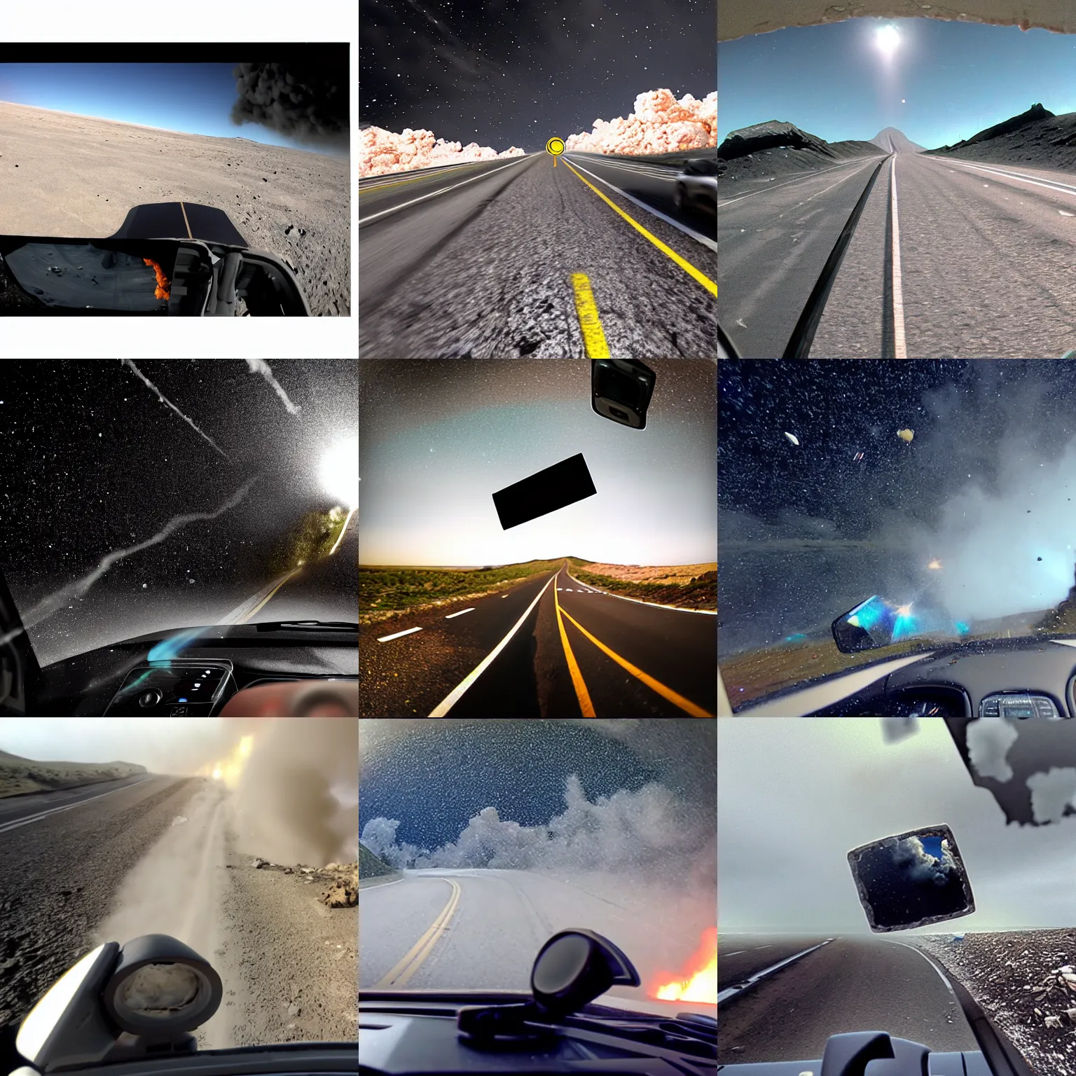 Prompt: Asteroid crashing, dash cam, photograph