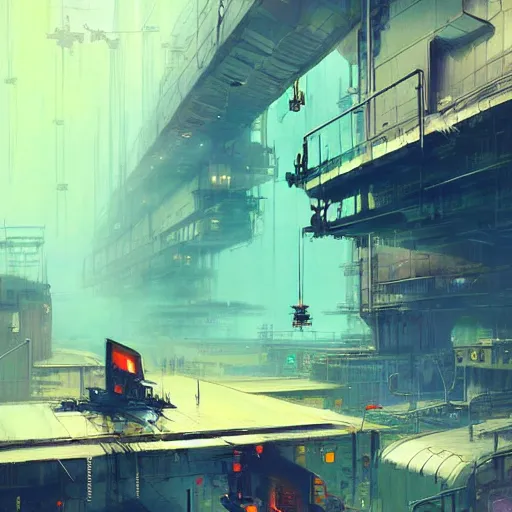 Image similar to concept art of a cyberpunk factory filled with drone workers, grimy, gritty, blade runner 2 0 4 9, trending on artstation, award winning painting, cgi, art by john berkey and anton fadeev and john howe and simon stalenhag