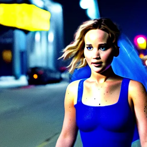 Prompt: cinematic jennifer lawrence standing in the street at night, color photography, sharp detail, amused, still from the movie sonic the hedgehig