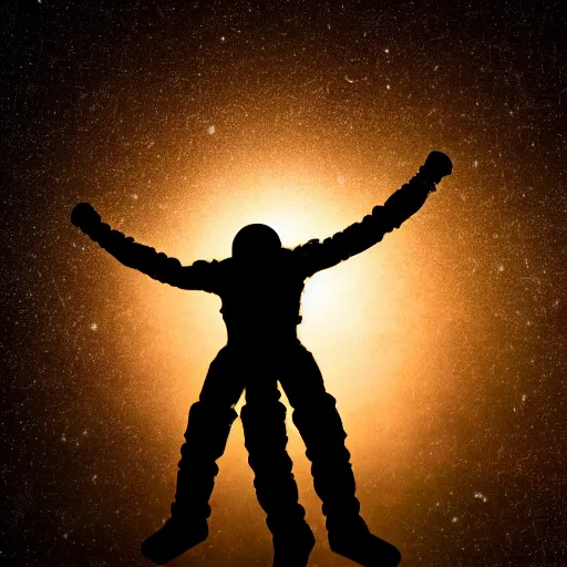 Image similar to astronaut silhouette with arms extended forward, bottom of arms lit by light coming from offcamera, light coming from below, dark background, lit from below, full body photo,, 8 k