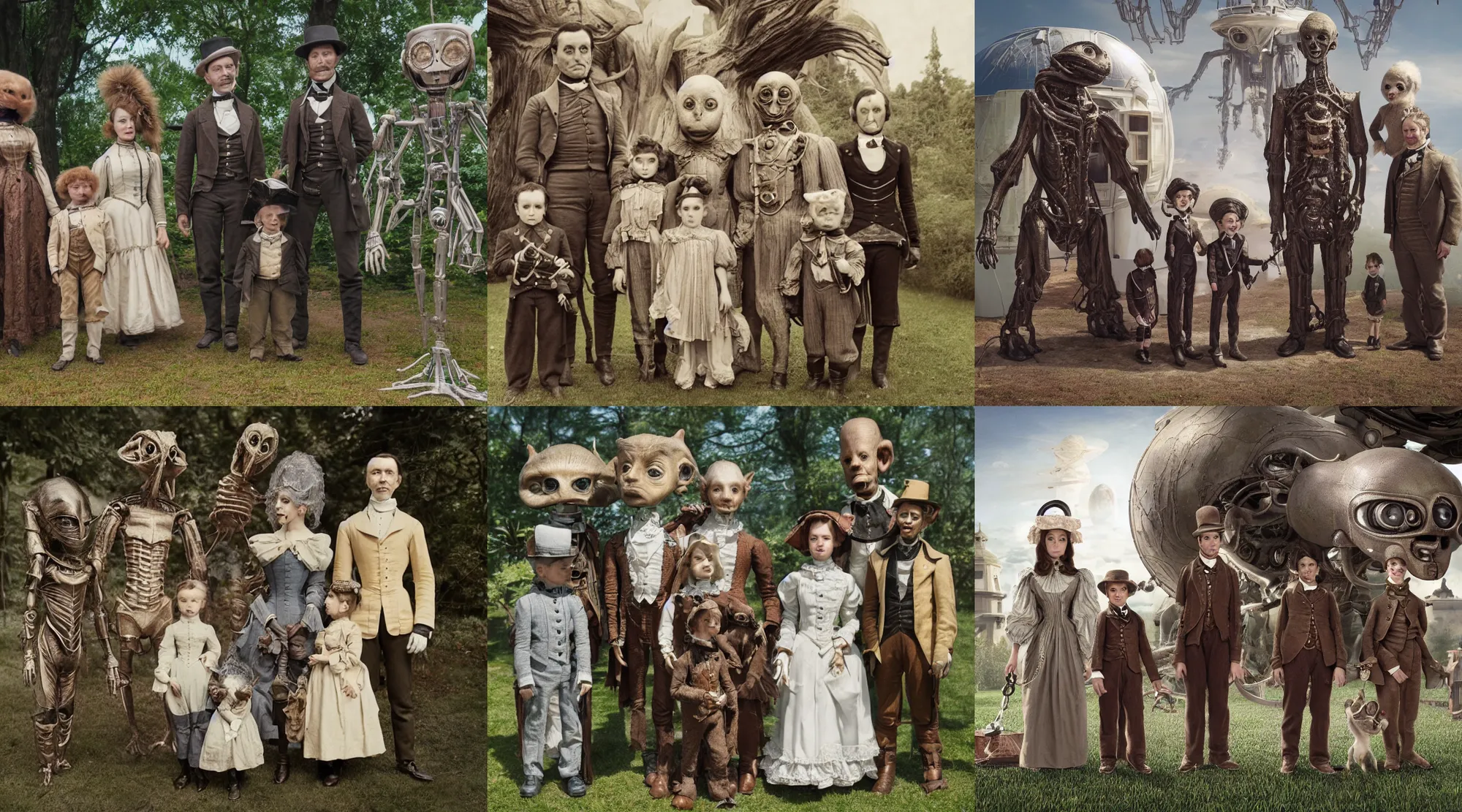 Prompt: detailed, sharp, a human family of four standing with their cute pet humanoid alien creature, wearing 1850s era clothes, in front of a spaceship in a park on an strange alien planet, steampunk, extremely highly detailed, hyperrealistic, highly detailed faces, 70 mm still from a period sci fi color movie, 4k