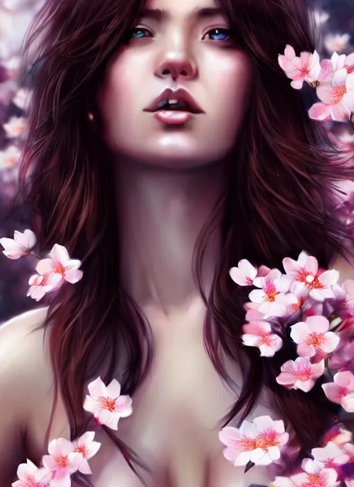 Image similar to photo of a gorgeous female with messy hair in the style of stefan kostic, realistic, body shot, sharp focus, 8 k high definition, insanely detailed, intricate, elegant, art by stanley lau and artgerm, cherry blossoms