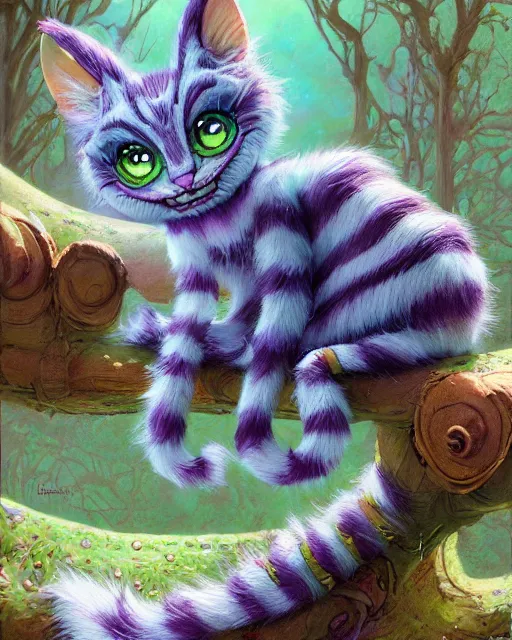 Image similar to an adorable cheshire cat in wonderland | highly detailed | very intricate | symmetrical | fantasy and whimsical and magical | soft cinematic lighting | disney pixar | award - winning | painted by donato giancola and paul lehr and ross tran | pastel color palette | featured on artstation