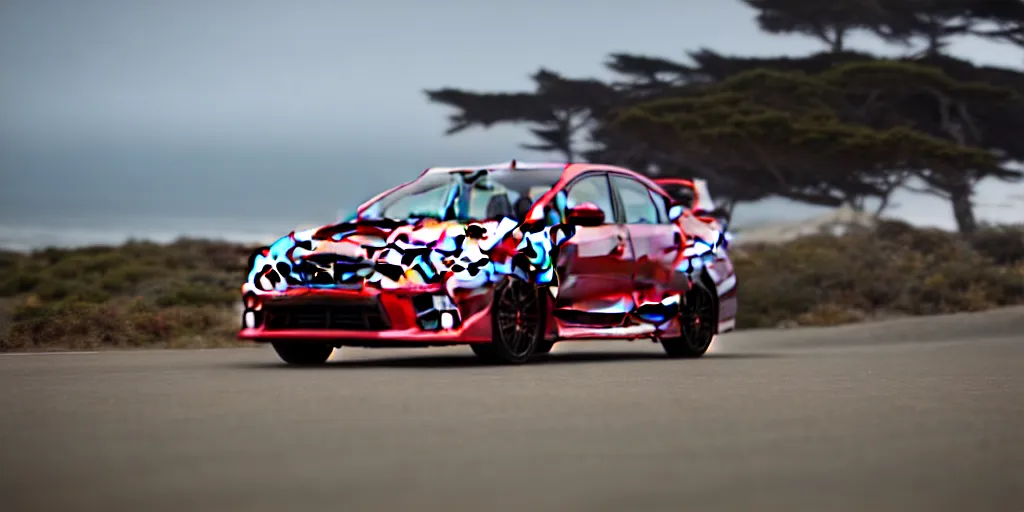 Prompt: photograph, 2014 Subaru WRX STi, cinematic, PCH, california coast, 8k, depth of field, bokeh.