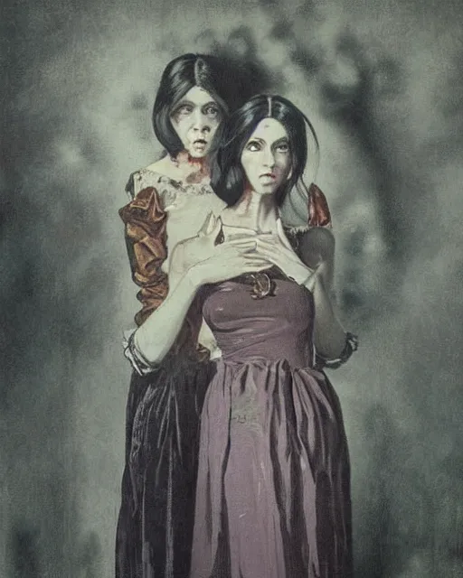 Prompt: a beautiful and eerie baroque painting of two beautiful but creepy siblings wearing vivienne westwood dresses in layers of fear, with haunted eyes and dark hair, 1 9 7 0 s, seventies, wallpaper, a little blood, afternoon light showing injuries, delicate embellishments, painterly, offset printing technique, by brom, robert henri, walter popp