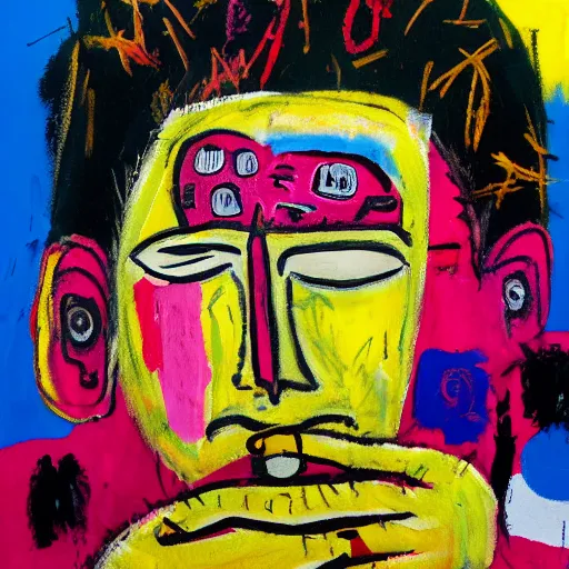Image similar to pink and yellow and red detailed neo expressionism oil painting of sad boy rapper crying with tattoos by basquiat
