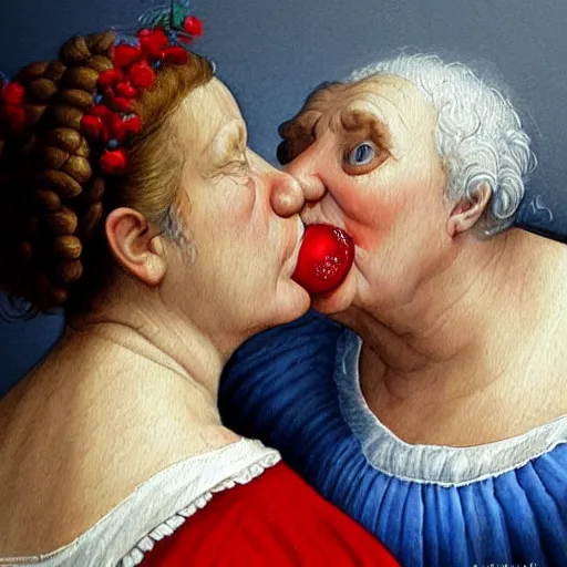 Image similar to a very funny stylize oil painting in renaissance style of a sweet fat old woman kissing her reflection. symmetry face, red mouth, blue eyes. flowery dress. hyper realistic scene. 3 d, octane render, deep focus, white scene. very funny and sweet image. unreal engine. watercolor. fellini style. pencil drawing style.