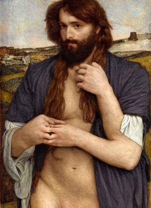 Image similar to Pre-Raphaelite young beautiful brown-haired bearded muscular doctor with medical mask the operating room