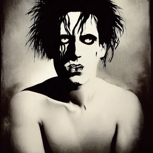 Image similar to portrait of young robert smith as dream from sandman, by jeremy mann, by mike mignola, by dave mckean and richard avedon and maciej kuciara, 1 9 8 0's, punk rock, gothic, the cure, high detailed, 8 k