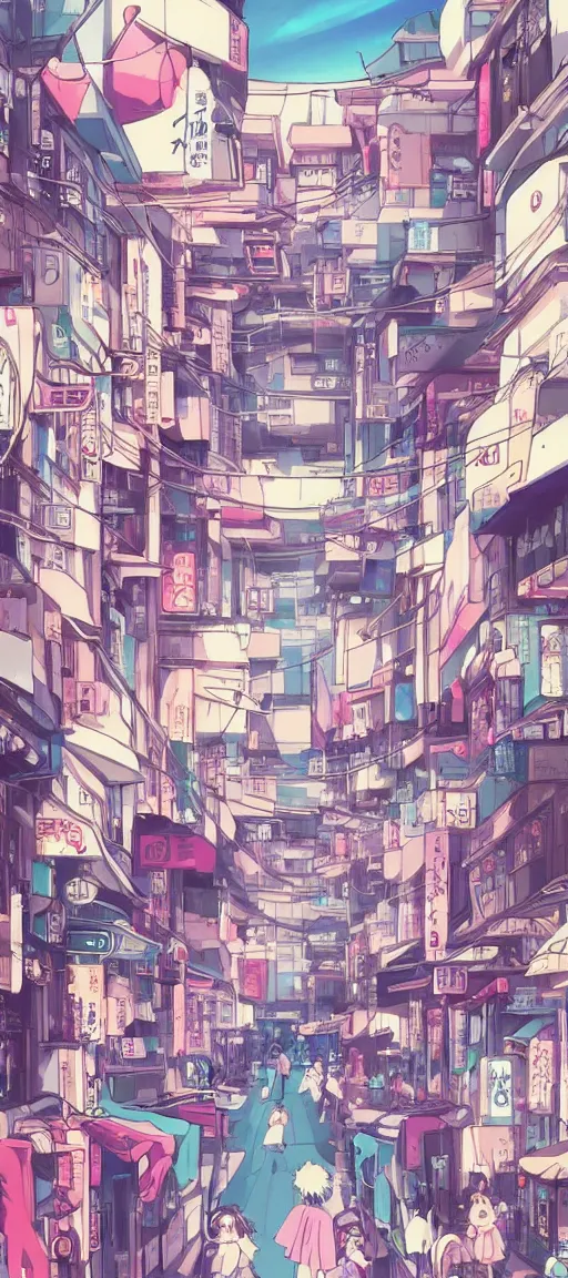 Image similar to beautiful anime! style vaporware cartoon japan, kawaii anime manga style, illustration, aesthetic, minimalistic simple, neon pastel, in the style of hayao miyazaki