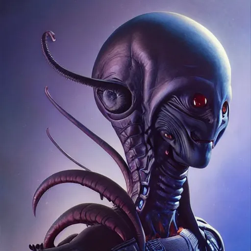 Prompt: a fantasy style portrait painting of a very cute alien with a futuristic background and dramatic lighting oil painting unreal 5 daz. rpg portrait, extremely detailed wayne barlowe michael whelan artgerm greg rutkowski greg hildebrandt tim hildebrandt michael whelan moebius