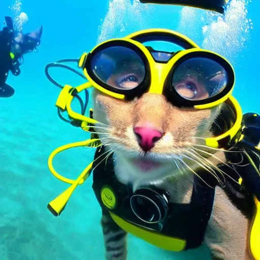 Prompt: cat wearing diving gear swimming in ocean, gopro footage 4k