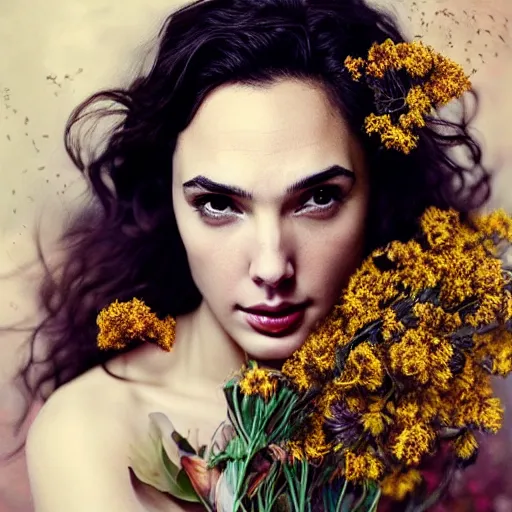 Image similar to fine art photo of the beauty goddess gal gadot, she has a crown of dried flowers, by oleg oprisco