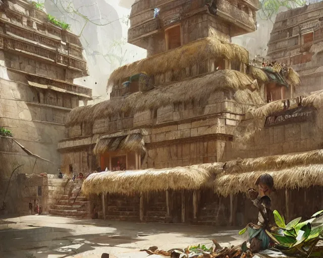 Image similar to a mall in the style of precolombian mayan cities, art by greg rutkowski and artgerma, stunning concept art, interior design architecture