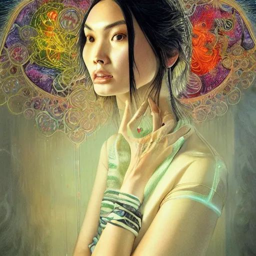 Image similar to portrait of gemma chan, hyper detailed masterpiece, neon floral pattern, jean giraud, digital art painting, darkwave goth aesthetic, psychedelic, artgerm, donato giancola and tom bagshaw