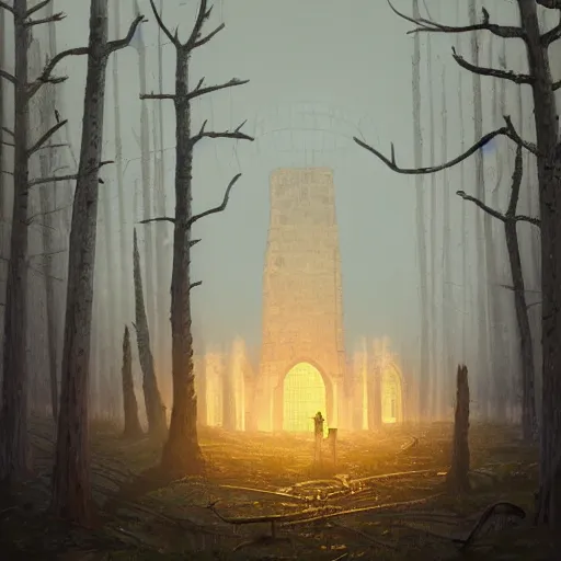 Prompt: monumental old ruins, church, tower of a dark misty forest, overcast, sci - fi digital painting by simon stalenhag