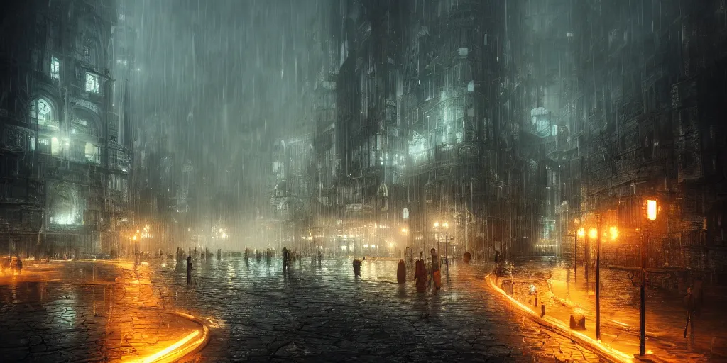 Prompt: a cold and melancholic city in a dark cavern, rainy and gloomy atmosphere, viewed from afar, fantasy digital art, octane render, beautiful composition, trending on artstation, award - winning photograph, masterpiece