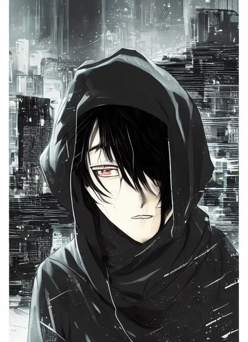 Image similar to manga cover, black-haired man wearing a black hoodie, stubble, thick eyebrows, short hair, intricate cyberpunk city, emotional lighting, character illustration by tatsuki fujimoto