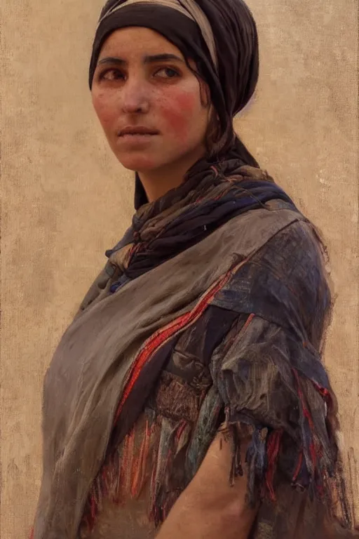 Image similar to Richard Schmid and Jeremy Lipking and Antonio Rotta full length portrait painting of a young beautiful traditonal berber woman from north africa