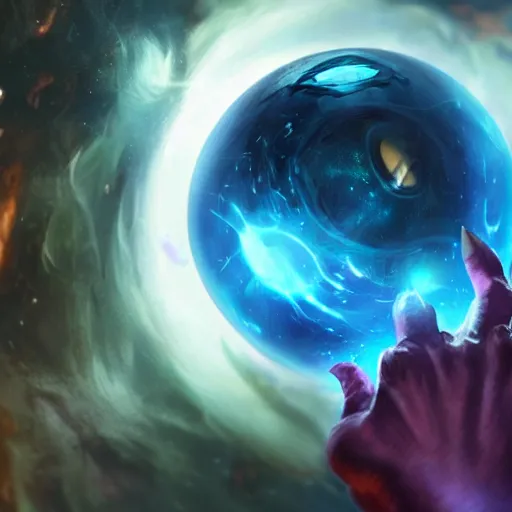 Image similar to league of legends, kai'sa looking at a galaxy in a crystal ball, realistic