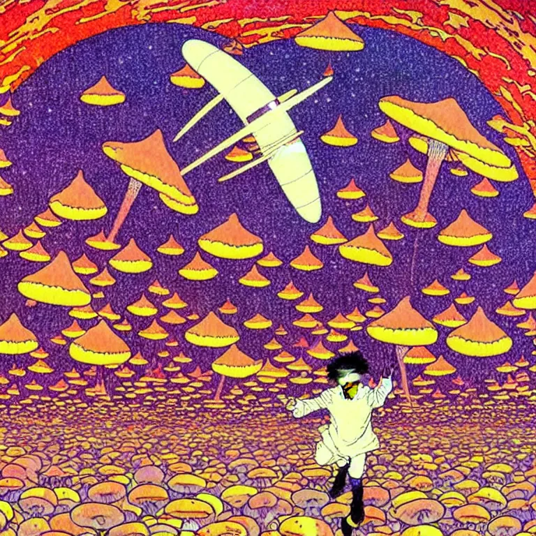 Prompt: cursed illustration of starship landing on planet of colorful mushrooms, manga style of kentaro miura, by norman rockwell, weirdcore