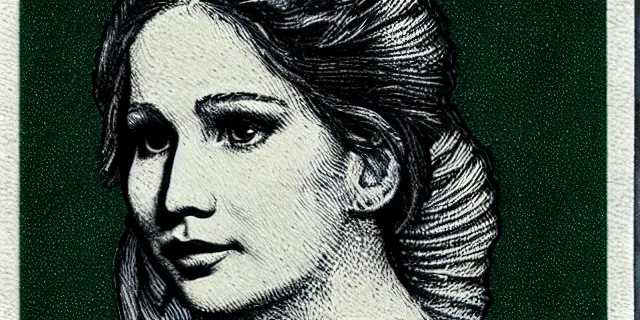 Prompt: a $10 bill, green ink etching, extremely detailed, Jennifer Lawrence