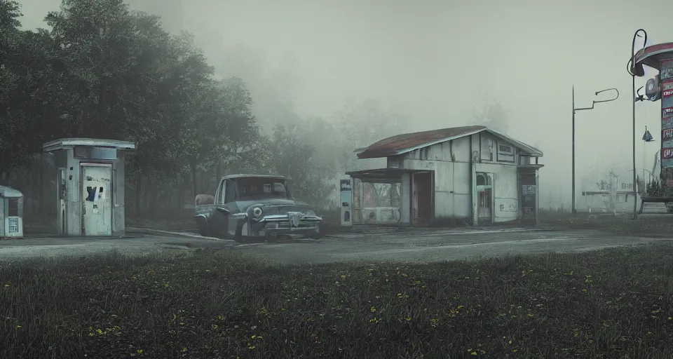 Prompt: Old abandoned gas stations on the side of the road to nowhere, evil, demonic, enchanting, misty, haze, cloudy, angelic, flowers, nature, environment concept, cinematic, cgsociety, dim and dark lighting, cinematic, intricate details, 8k detail post processing, hyperealistic, photo realism, by Stephen King