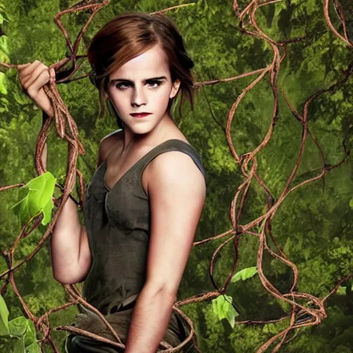 Image similar to angry angry emma watson hanging from and entangled in vines in the style of tarzan