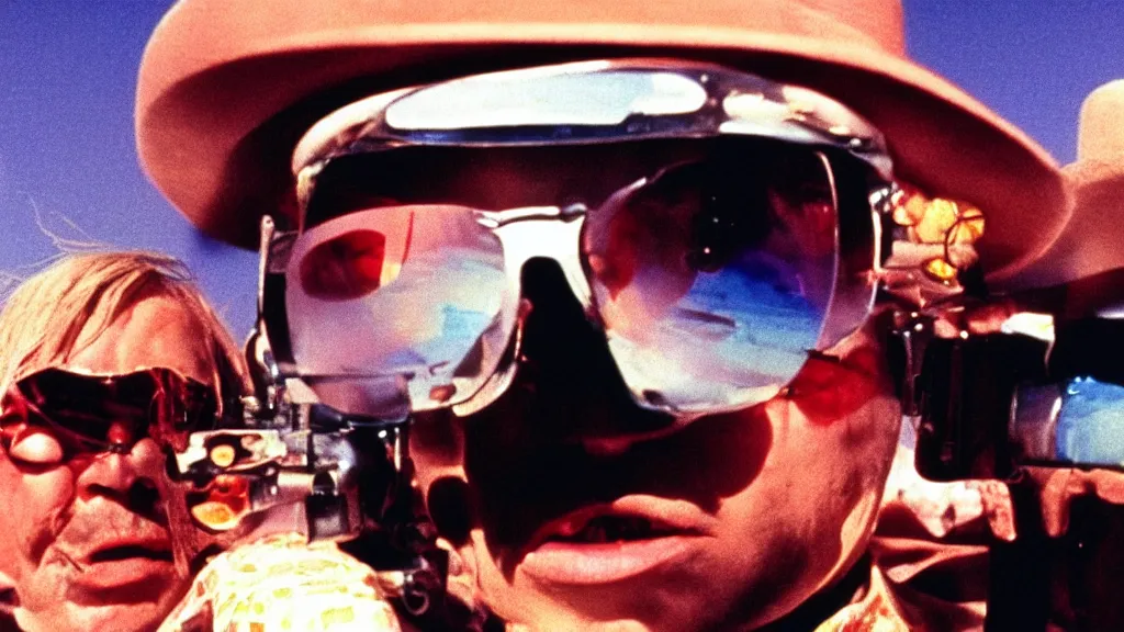 Prompt: still of fear and loathing in las vegas, 1 9 7 5, cinematic lighting, ultra realistic, panavision, wide screen, saturated color, seventies cinema, vintage science fiction cinema