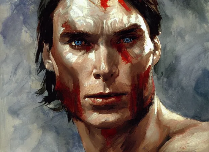 Image similar to a highly detailed beautiful portrait of cillian murphy as kratos, by gregory manchess, james gurney, james jean