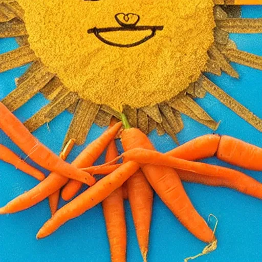 Image similar to a plane made out of carrots and dollar bills flying past the sun