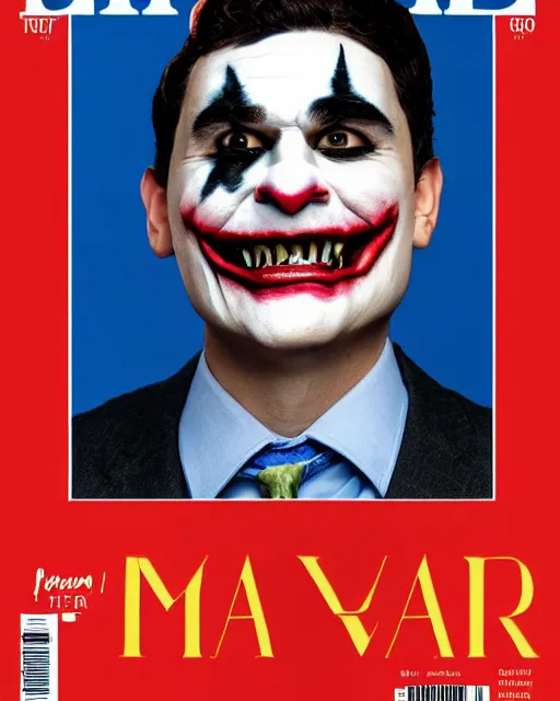 Image similar to portrait photograph of ben shapiro smiling and wearing joker makeup, magazine cover, soft focus, times magazine, 8 k, 3 5 mm, award - winning