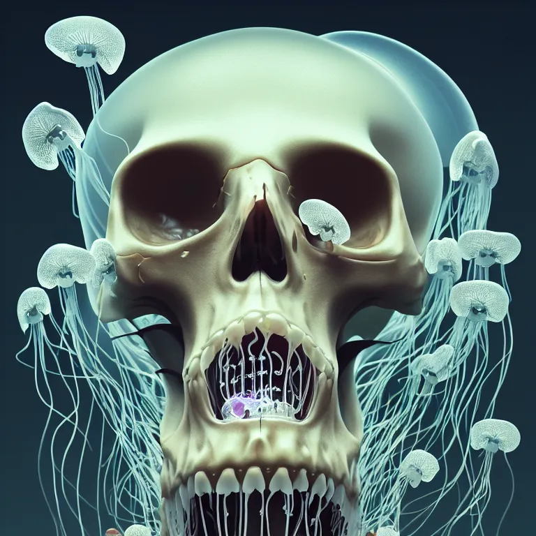 Image similar to portrait of skull and orchids, bio luminescent jellyfish, intricate artwork by Tooth Wu and wlop and beeple. octane render, trending on artstation, greg rutkowski very coherent symmetrical artwork. cinematic, hyper realism, high detail, octane render, 8k