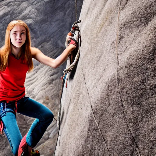 Prompt: high quality portrait of a teenage female rock climber, wearing jeans, 4k, cinematic, unreal engine