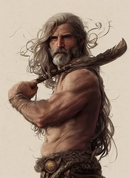 Image similar to portrait of a ruggedly old handsome cleric, soft hair, muscular body, half body, hairy, d & d, fantasy, intricate, elegant, highly detailed, digital painting, artstation, concept art, smooth, sharp focus, illustration, art by artgerm and greg rutkowski and alphonse mucha