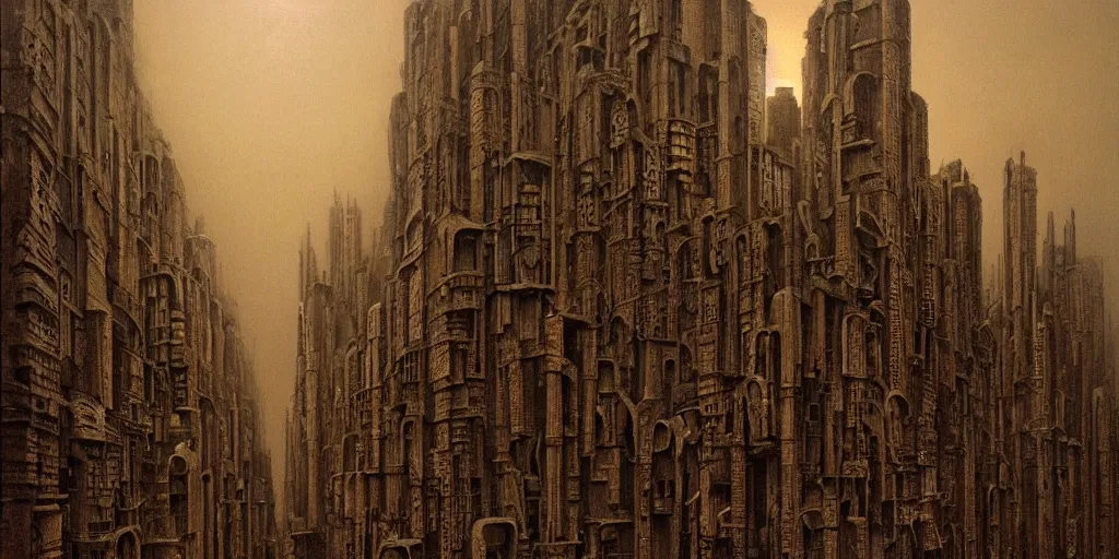 Image similar to a gigantic city at night where buildings are built out of skulls and bones, fleshy structures, light coming from windows, surreal atmospheric painting by hr giger and beksinski