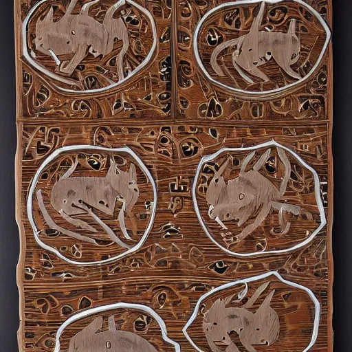 Image similar to kashmire motif of cats dissolving, made of wood