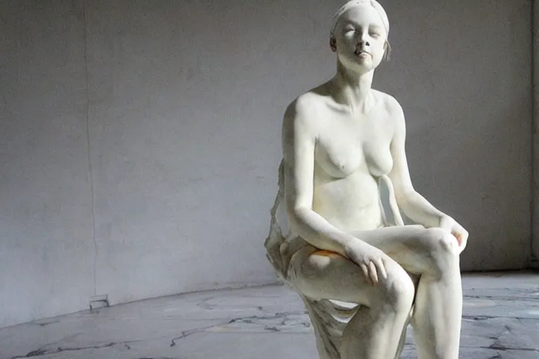 Prompt: a sculpture of a beautiful woman sitting on a chair, a white marble sculpture covered with floating water by nicola samori, behance, neo - expressionism, marble sculpture, apocalypse art, made of mist