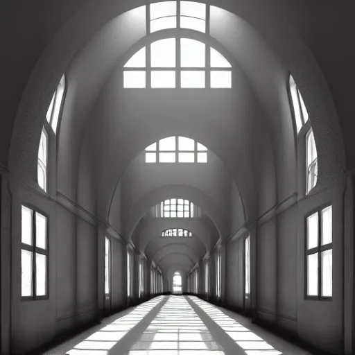 Prompt: a long shadowy asylum hallway, arched ceiling, one point perspective, vanishing point, symmetrical composition, rich colors, dramatic lighting, by lee madgwick, photorealistic, v - ray render 8 k uhd