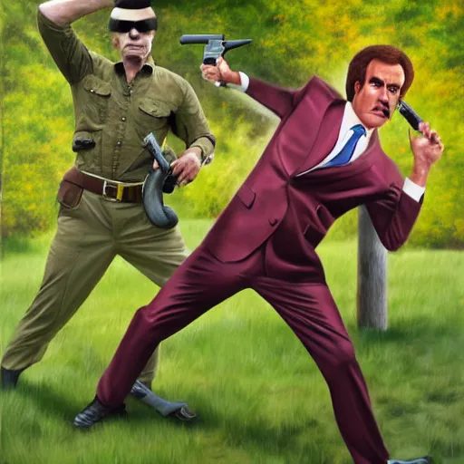 Image similar to ron burgandy as rambo in a park, hyperrealistic, hyperdetailed, political cartoon, concept art, oil painting