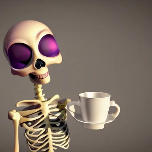 Prompt: 3d render pixar cartoon skeleton drinking a cup of coffee, hd octane render