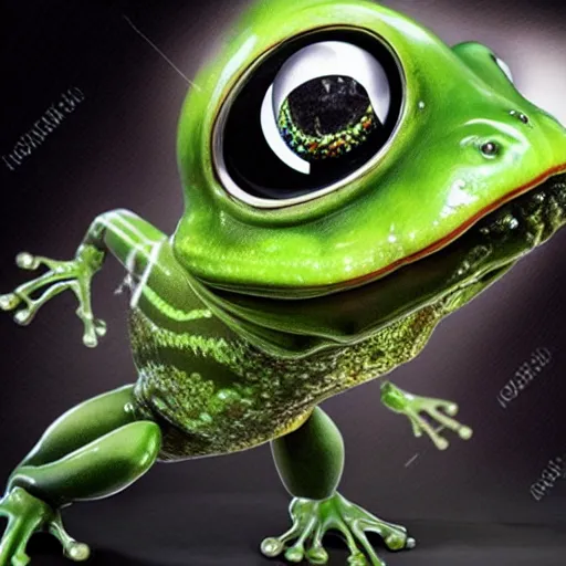 Image similar to alien frog in exoskeleton suit fighting with giant flies, hyper realistic,photorealism, serious tone,