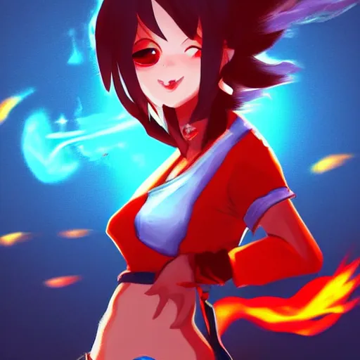 Prompt: Splash art, little anime girl league of legends style with a white t-shirt, red sleeves and regular blue jeans, has fire powers, her hair is made out of fire, her hands are on fire powerfull character, trending on artstation