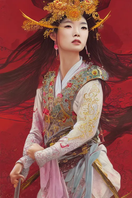 Image similar to portrait wuxia sword dance Asian Girl, Chinese costume, in forbidden City Rainning, flowers sea everywhere, ssci-fi, fantasy, intricate, very very beautiful, elegant, highly detailed, digital painting, artstation, concept art, smooth, sharp focus, illustration, art by tian zi and WLOP and alphonse mucha